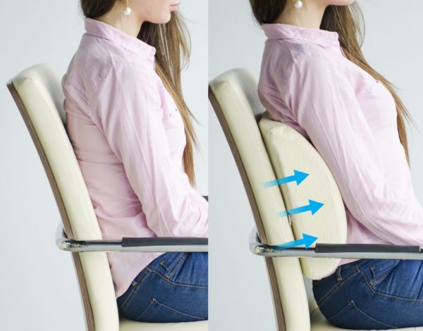 Если нет ортопедического кресла, стоит приобрести подушку для поясницы